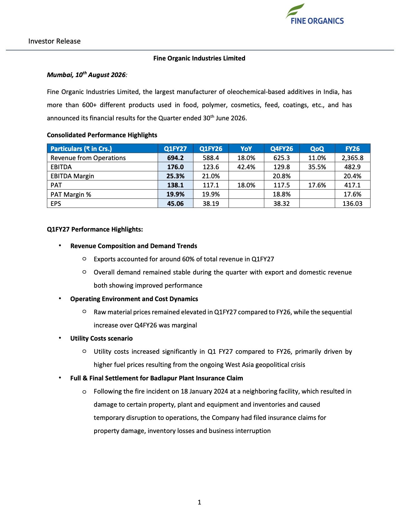 Fine Organic Industries Q1 FY27 Results