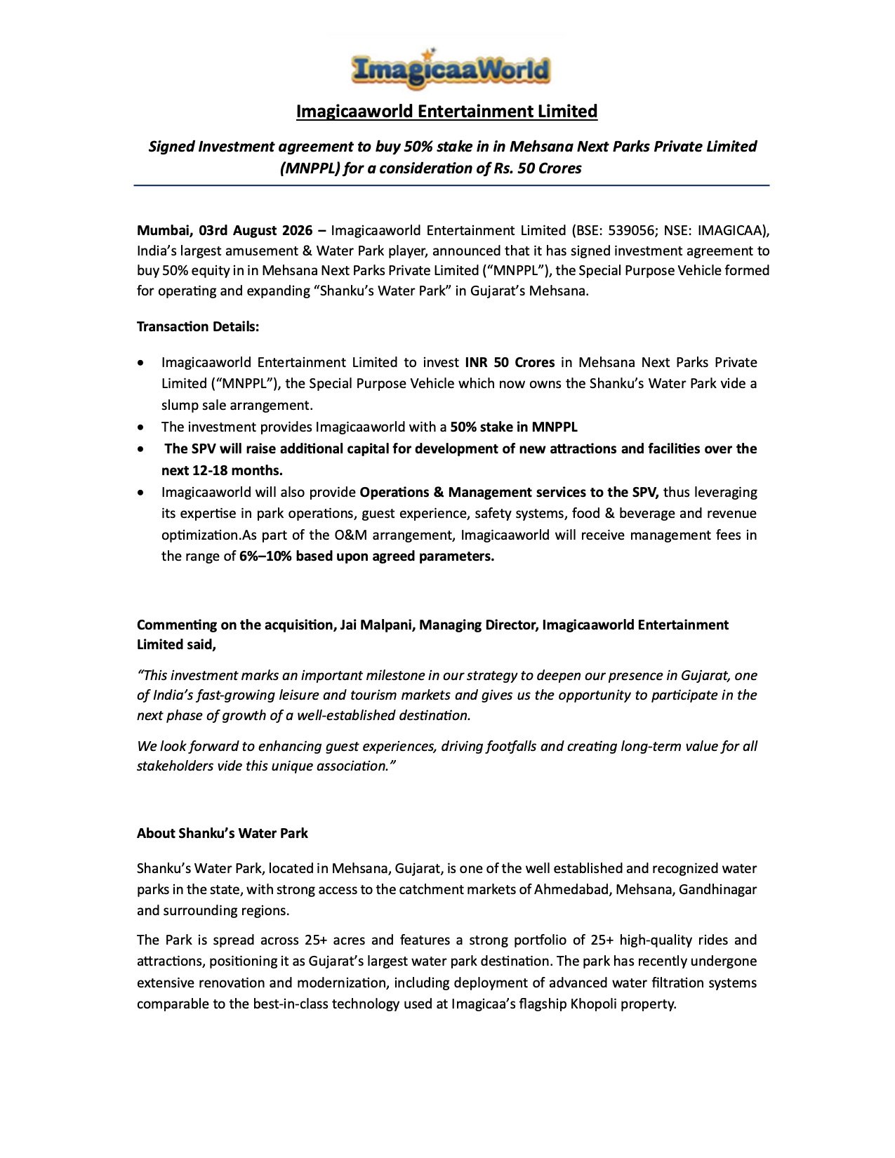 Imagicaaworld Mehsana Water Park Acquisition