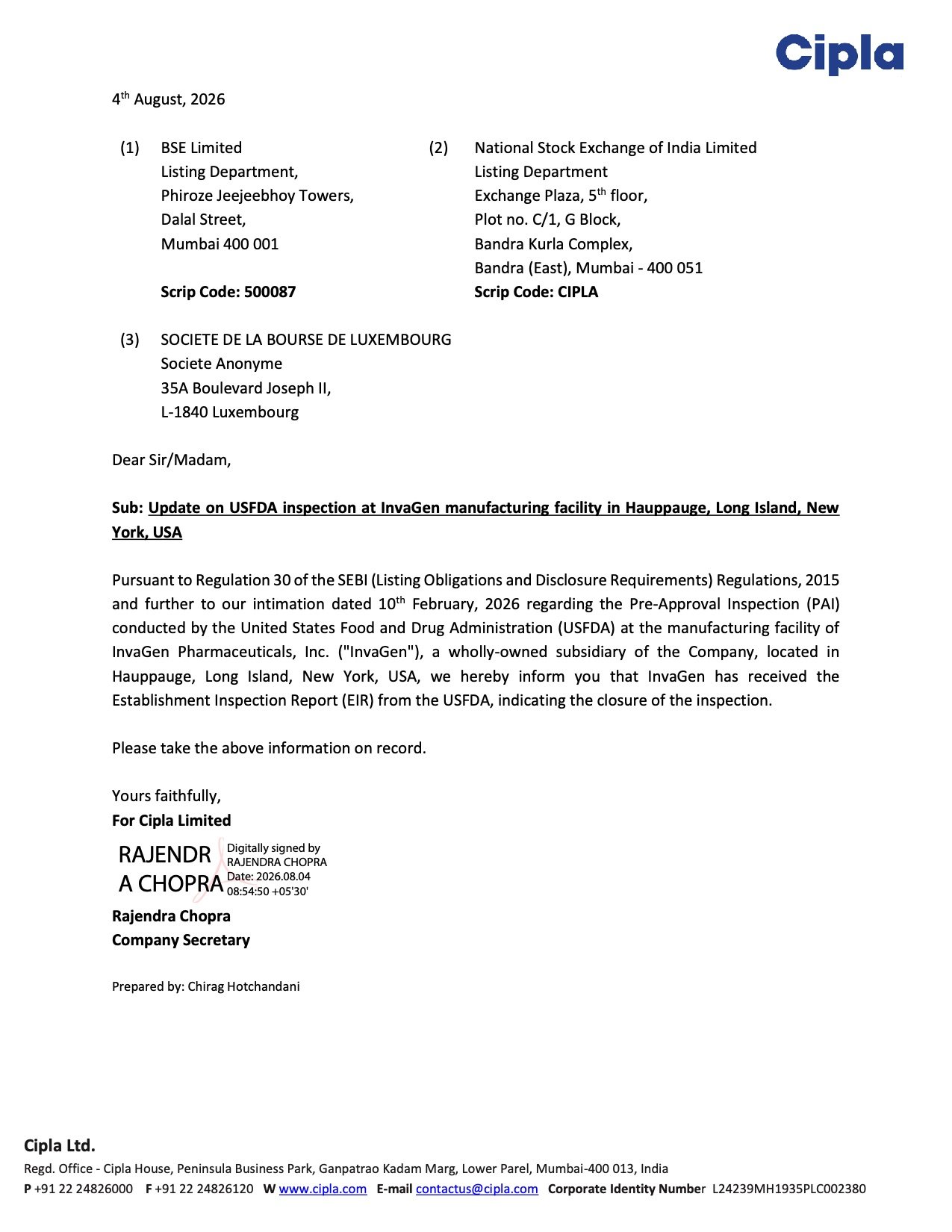 Cipla USFDA Inspection Closed for InvaGen Facility After Receipt of Establishment Inspection Report Cipla USFDA Inspection Update