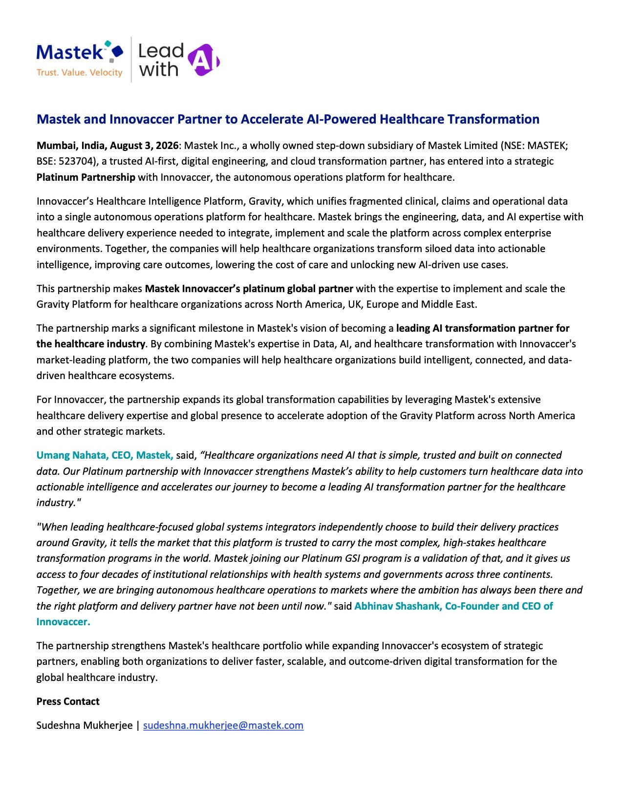 Mastek Innovaccer Healthcare AI Partnership: Becomes Platinum Global Partner for AI-Powered Healthcare Transformation Mastek Innovaccer Healthcare AI Partnership