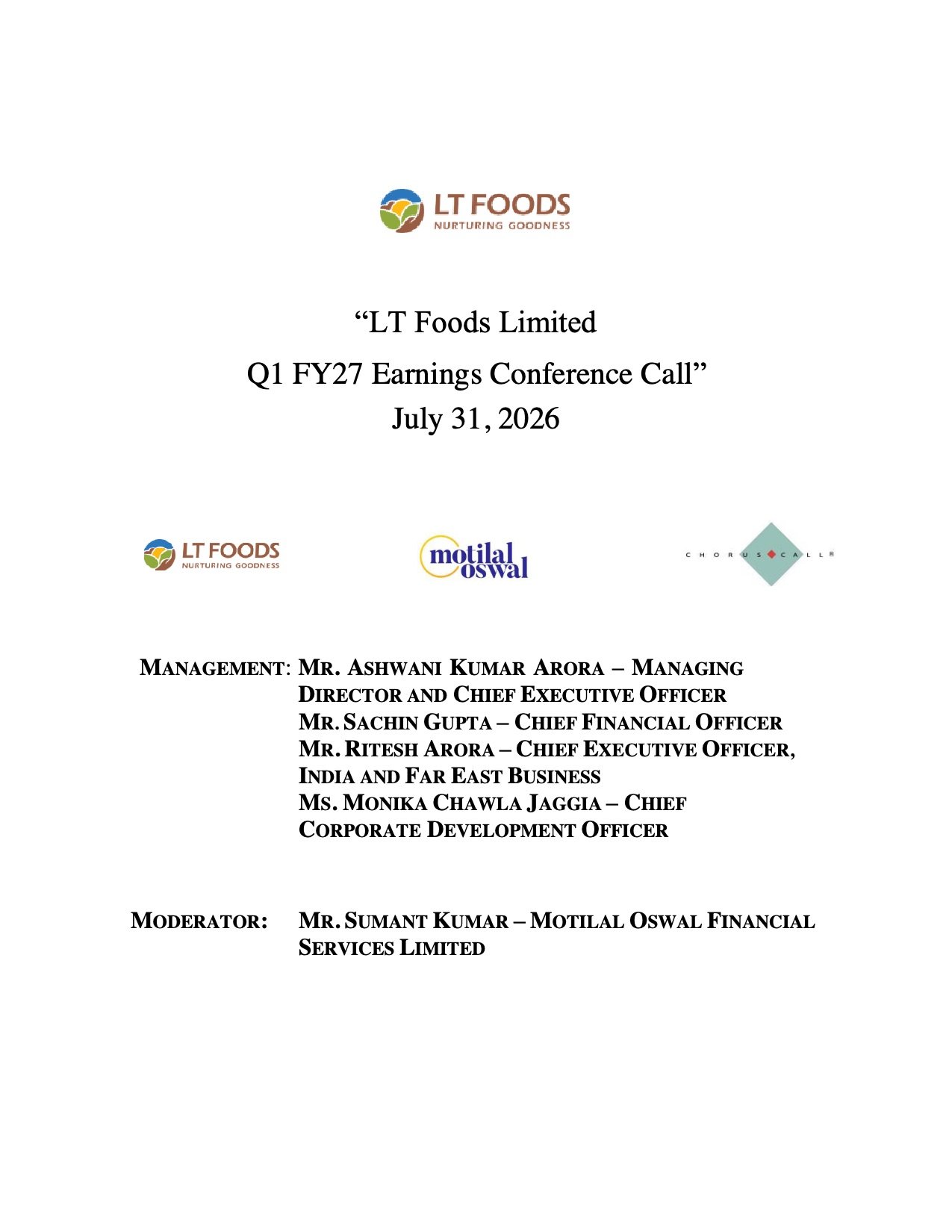 LT Foods Q1 FY27 Earnings Call: Revenue Grows 26%, India & North America Drive Strong Branded Growth LT Foods Q1 FY27 Earnings Call