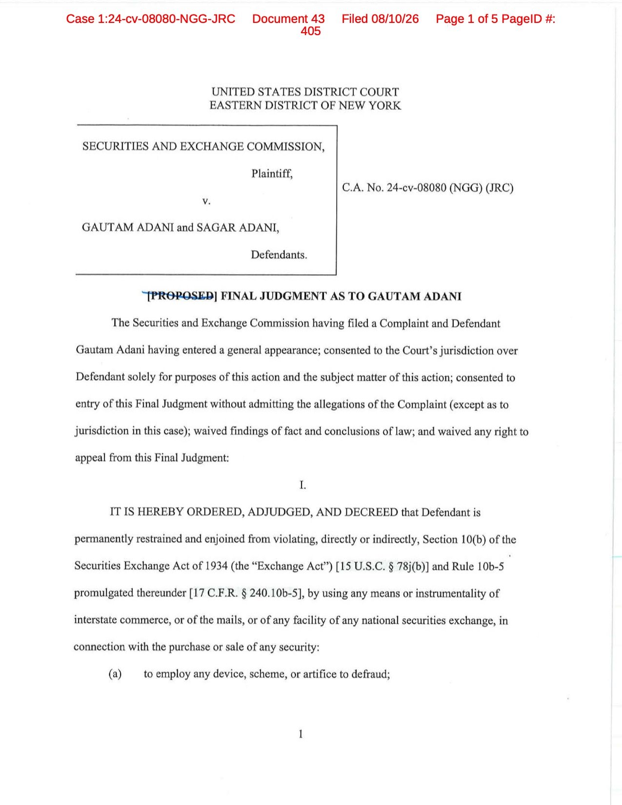 Adani Green Energy US Matter: Final Judgment Entered Against Gautam and Sagar Adani Adani Green Energy US Matter