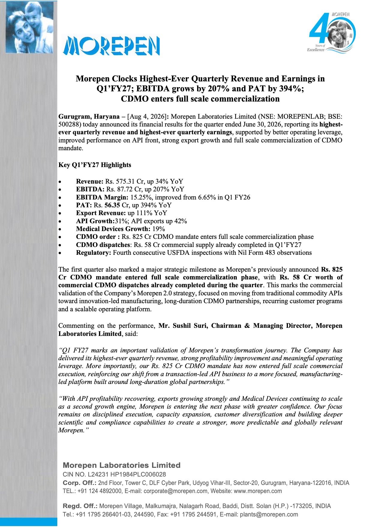 Morepen Laboratories Q1 FY27 Results: Revenue Hits Record High, EBITDA Jumps 207%, PAT Soars 394% Morepen Laboratories Q1 FY27 Results