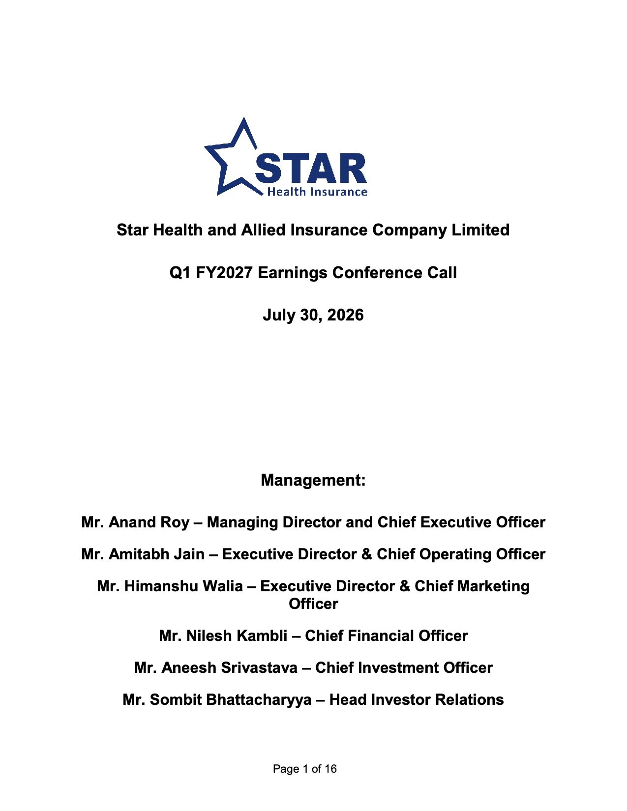 Star Health Q1 FY27 Earnings Call