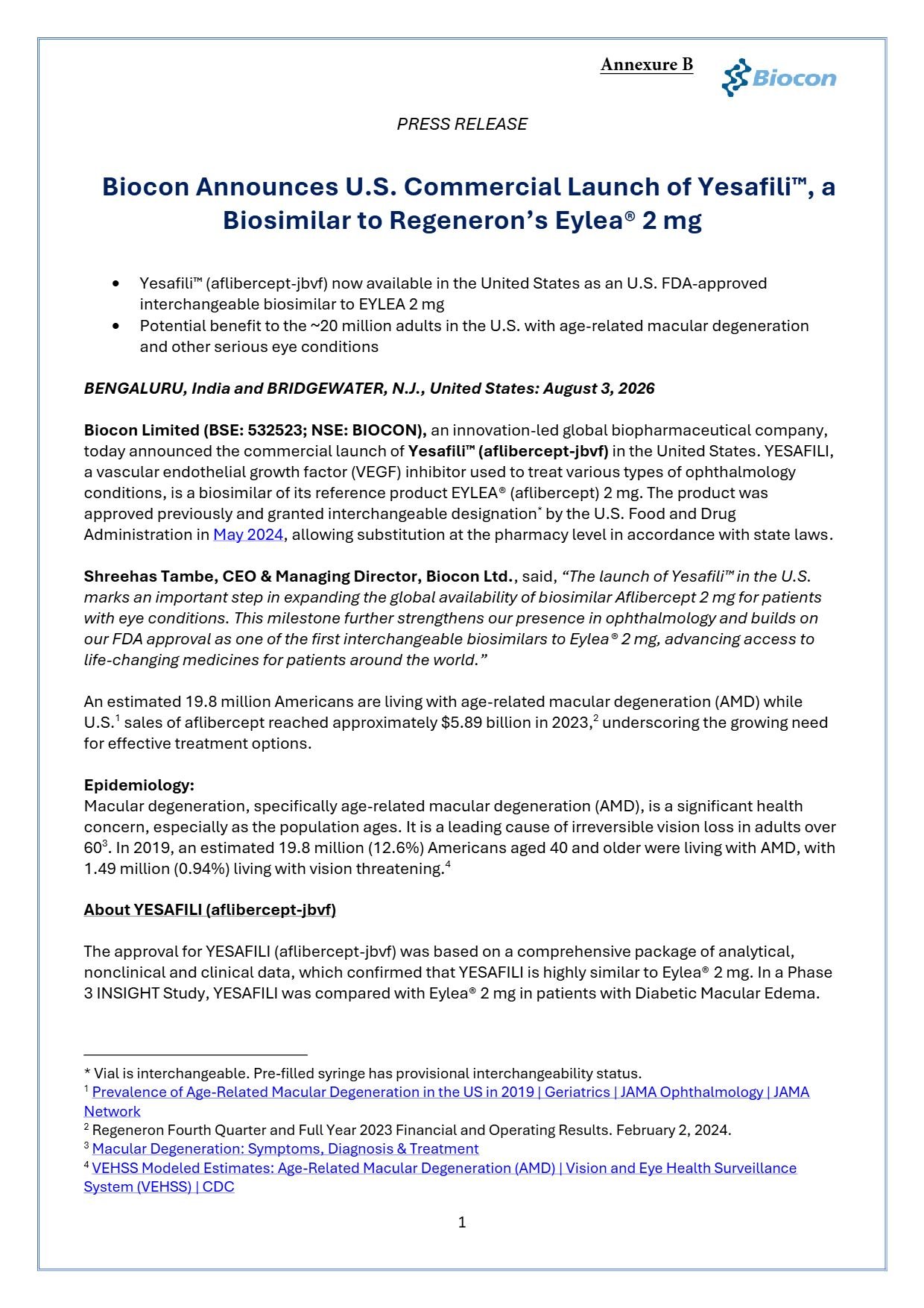 Biocon Launches Yesafili™ Biosimilar Aflibercept in the United States Biocon