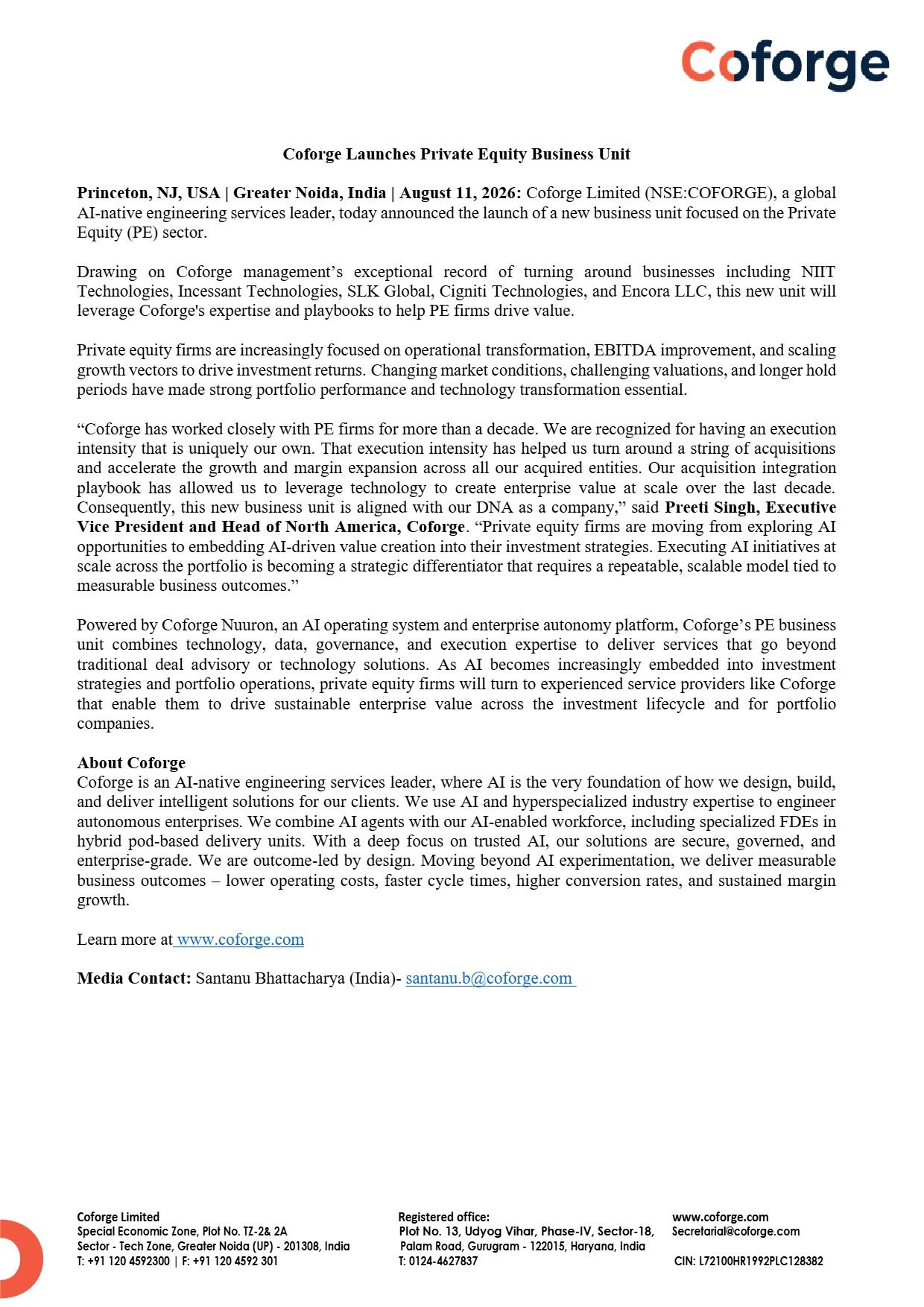 Coforge Launches Private Equity Business Unit Coforge Private Equity business unit