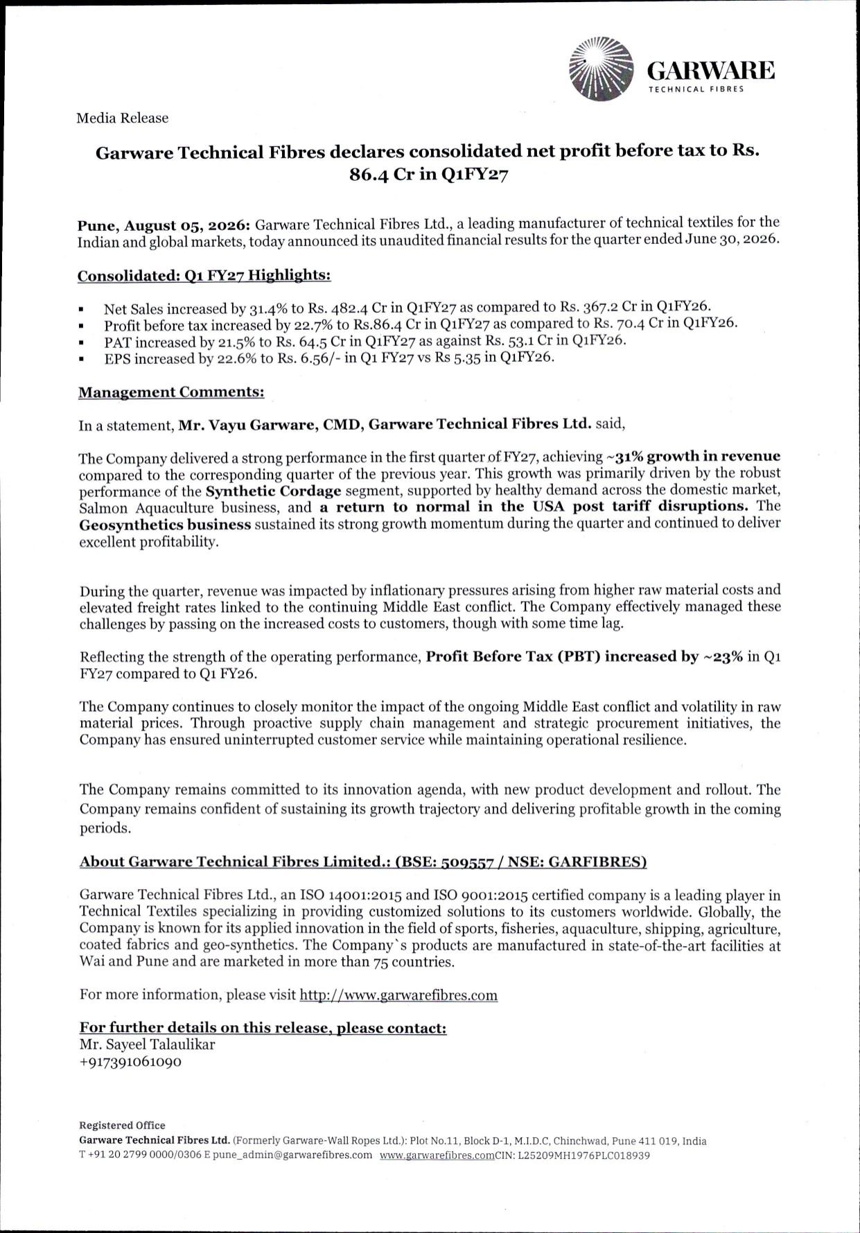 Garware Technical Fibres Q1 FY27 results