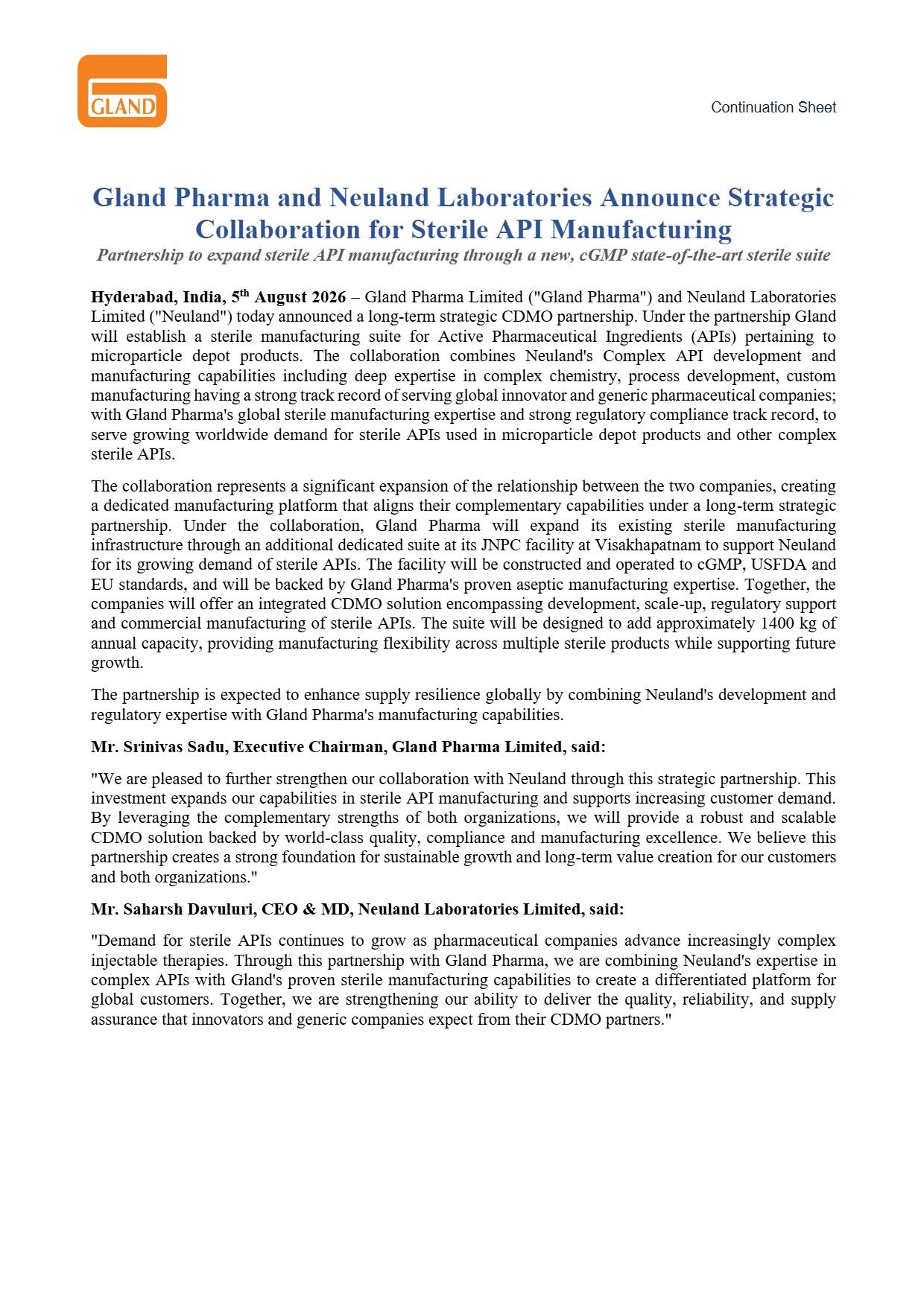 Gland Pharma and Neuland Partner for Sterile API Manufacturing Gland Pharma