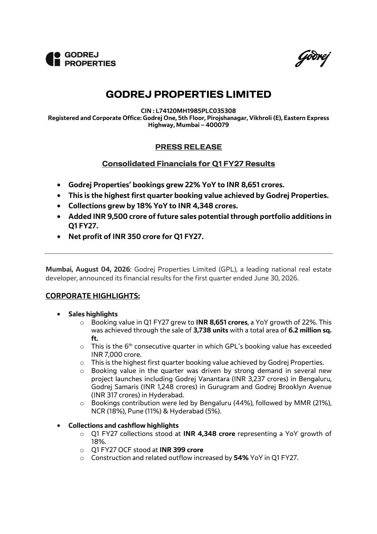 Godrej Properties Q1 FY27 results