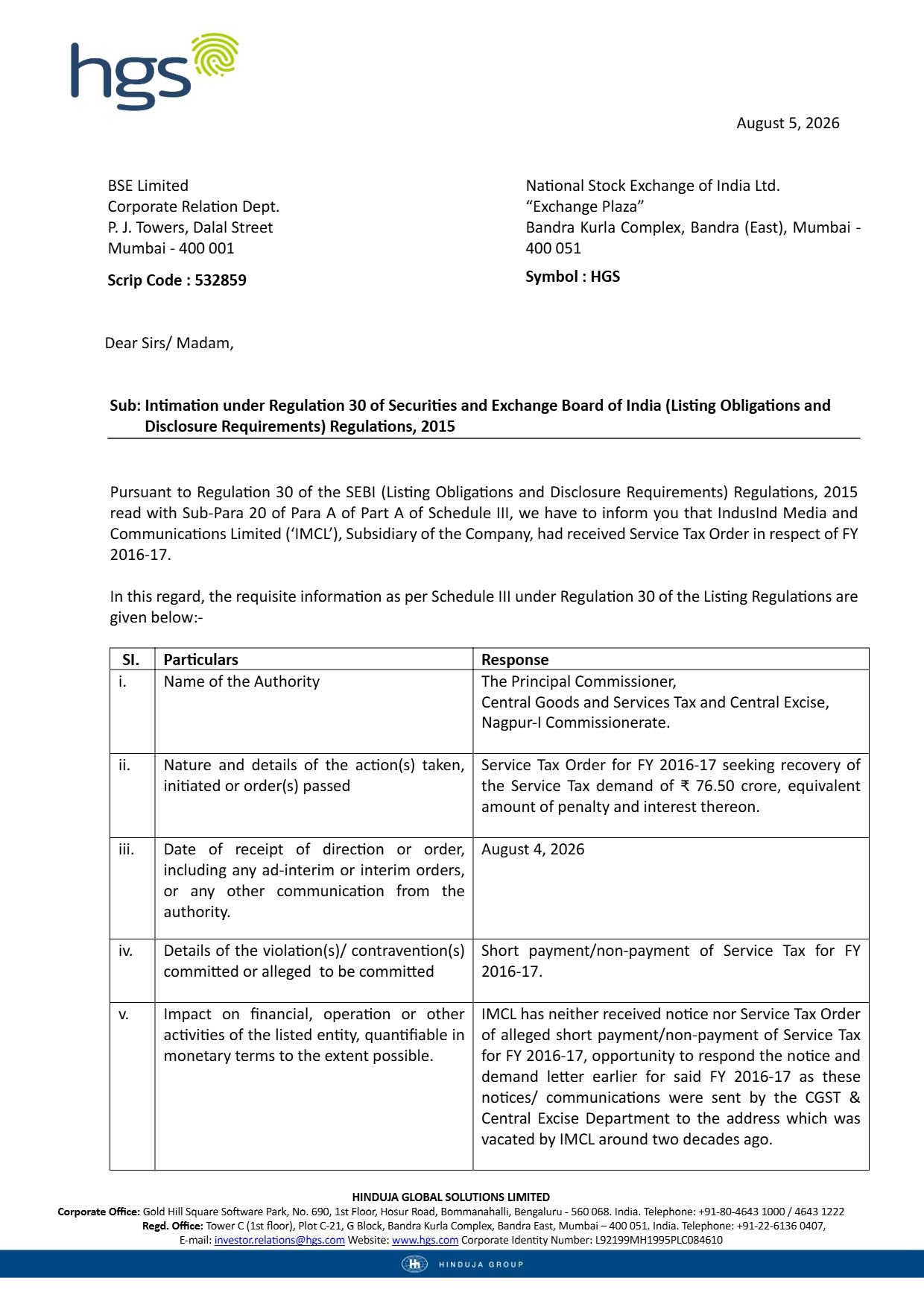 Hinduja Global Subsidiary Receives ₹76.50 Crore Service Tax Order for FY 2016-17 Hinduja Global