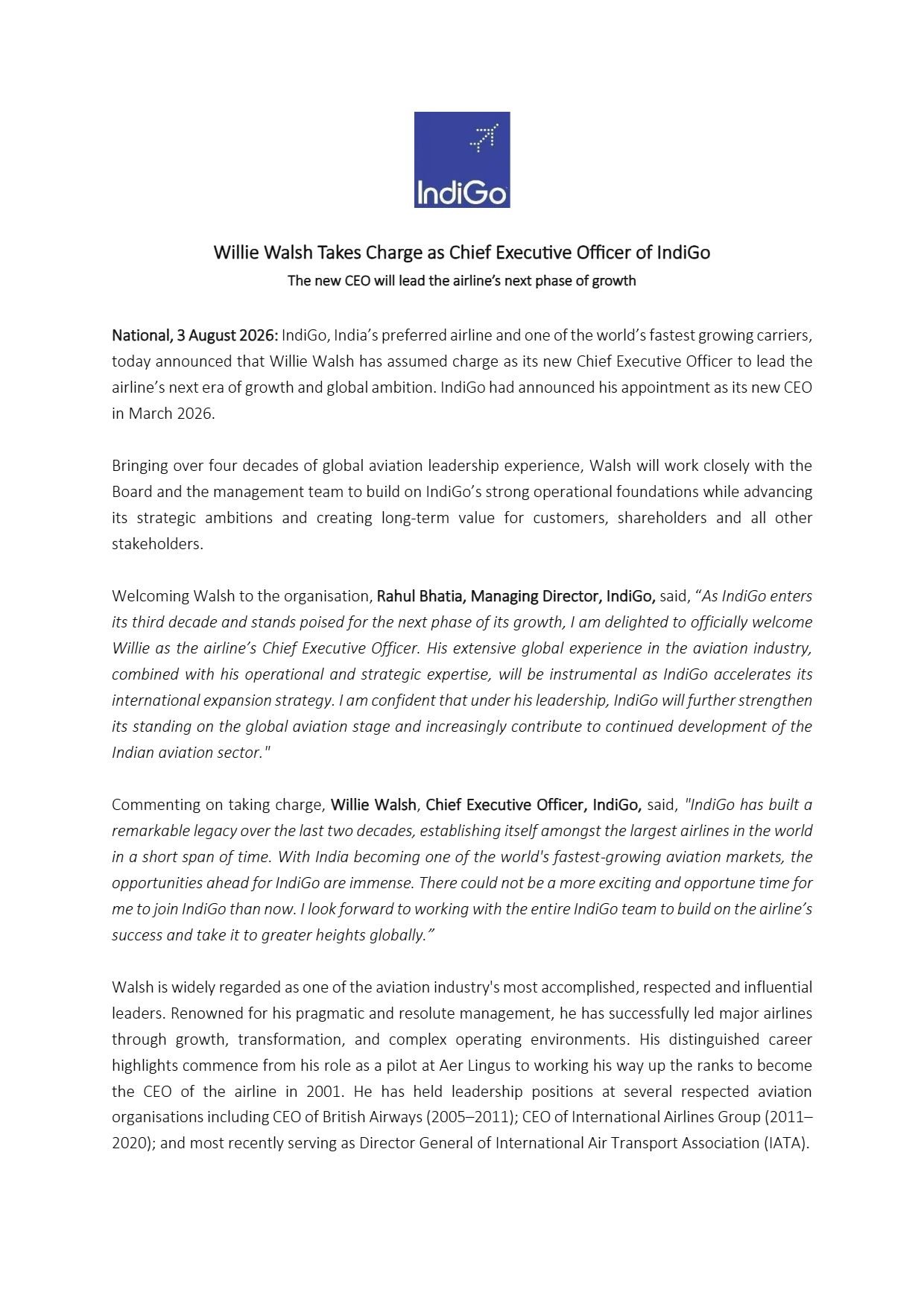 Willie Walsh Takes Charge as Chief Executive Officer of IndiGo Willie Walsh