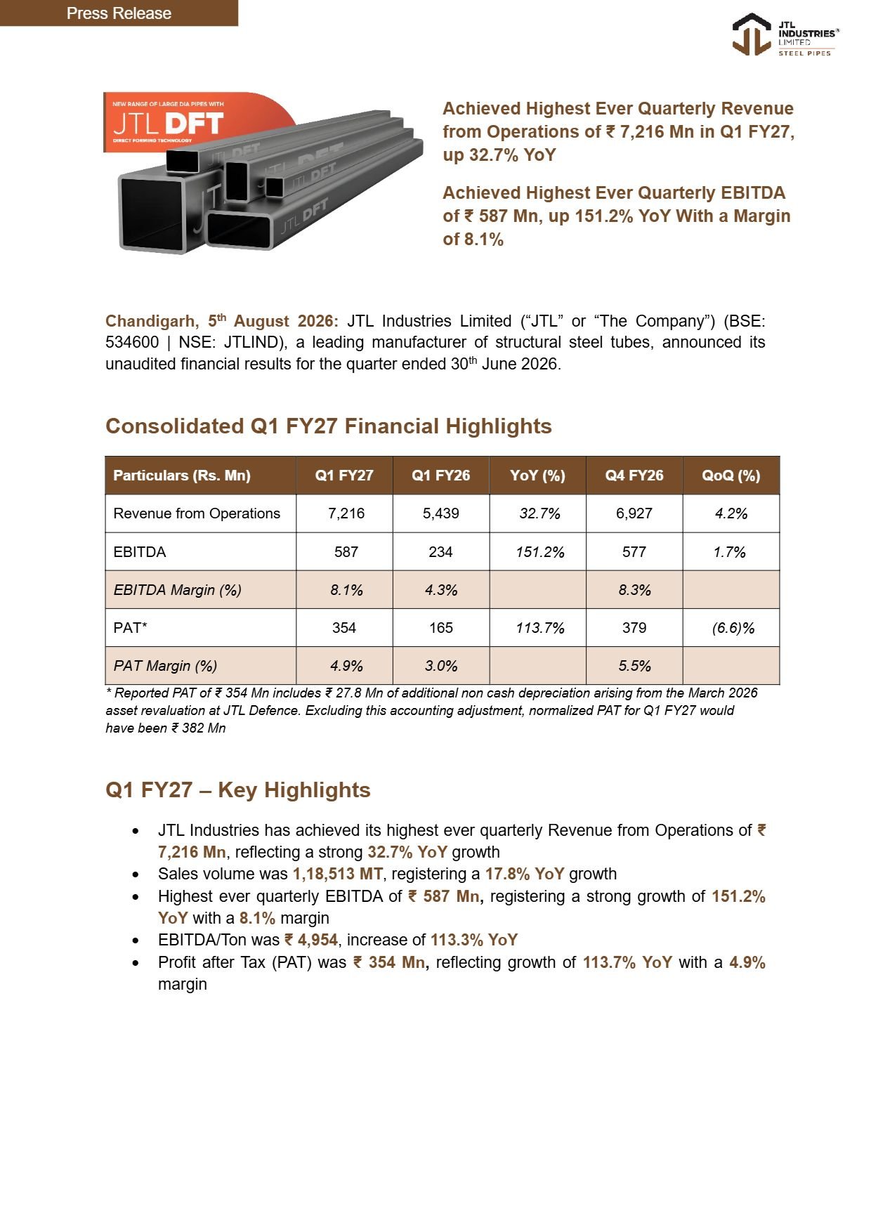 JTL Industries Q1 FY27 results