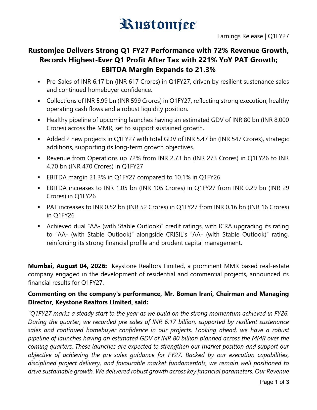 Keystone Realtors Q1 FY27 results