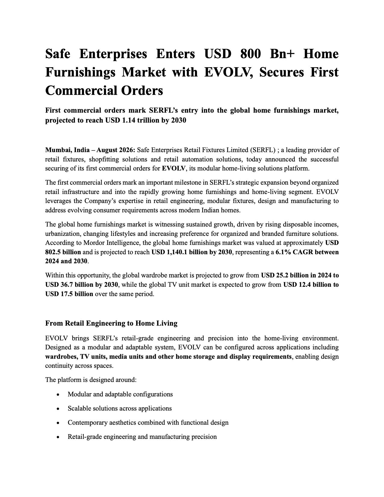 Safe Enterprises EVOLV commercial orders