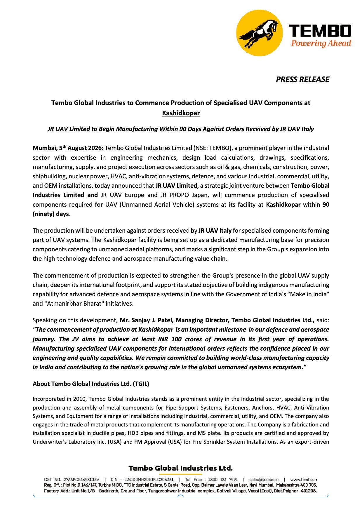 Tembo Global JV to Begin UAV Component Production Within 90 Days, Targets ₹100 Crore First-Year Revenue Tembo UAV Component Production