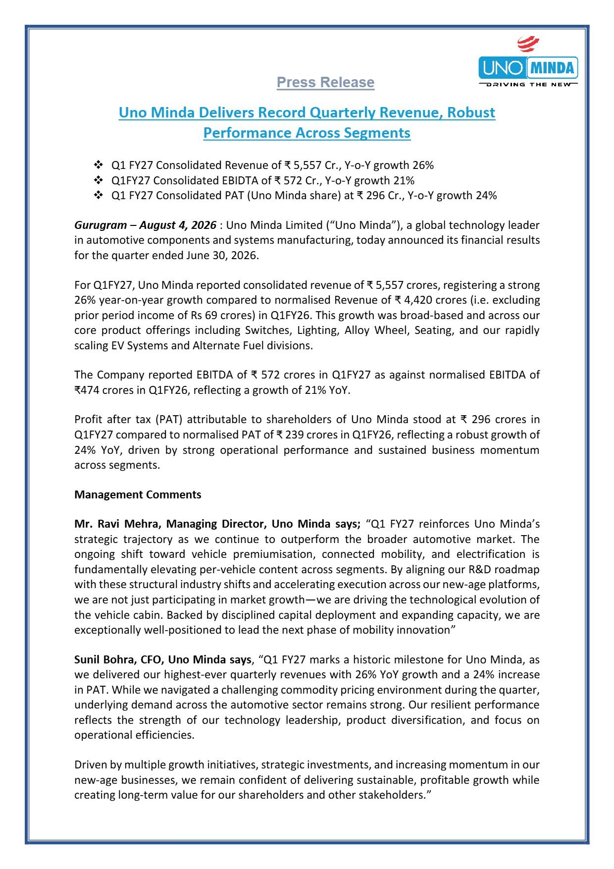 Uno Minda Q1 FY27 Results: Revenue Up 26% YoY to ₹5,557 Crore; PAT Up 24% Uno Minda Q1 FY27 results
