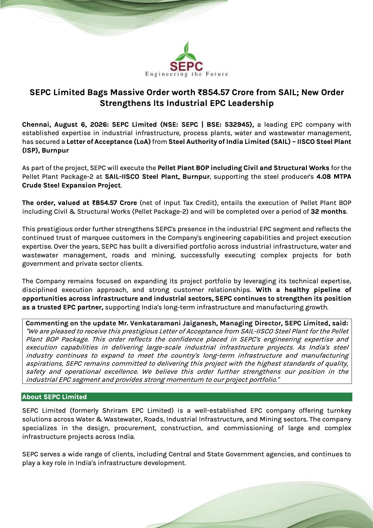 SEPC Secures ₹854.57 Crore SAIL Order for Pellet Plant Expansion at IISCO Steel Plant SEPC SAIL Order