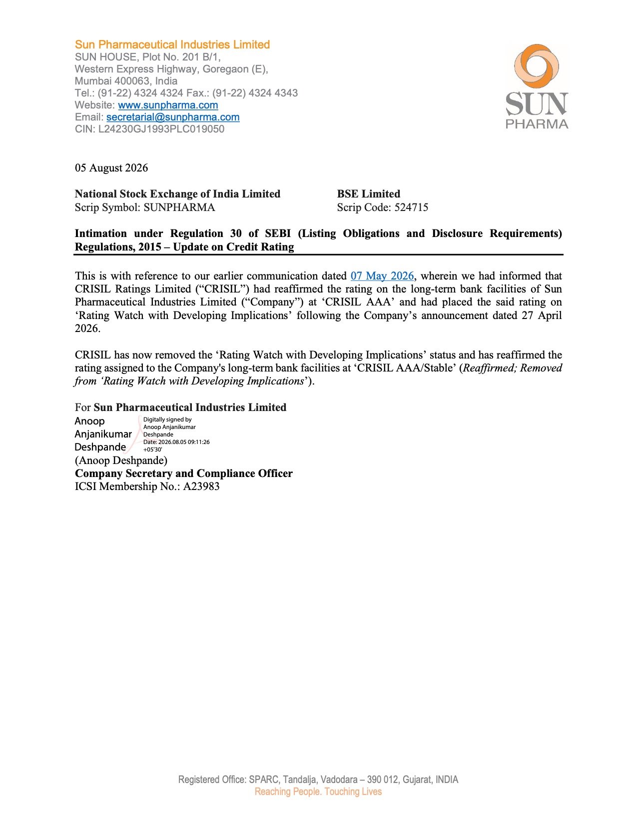 Sun Pharma CRISIL Rating Update