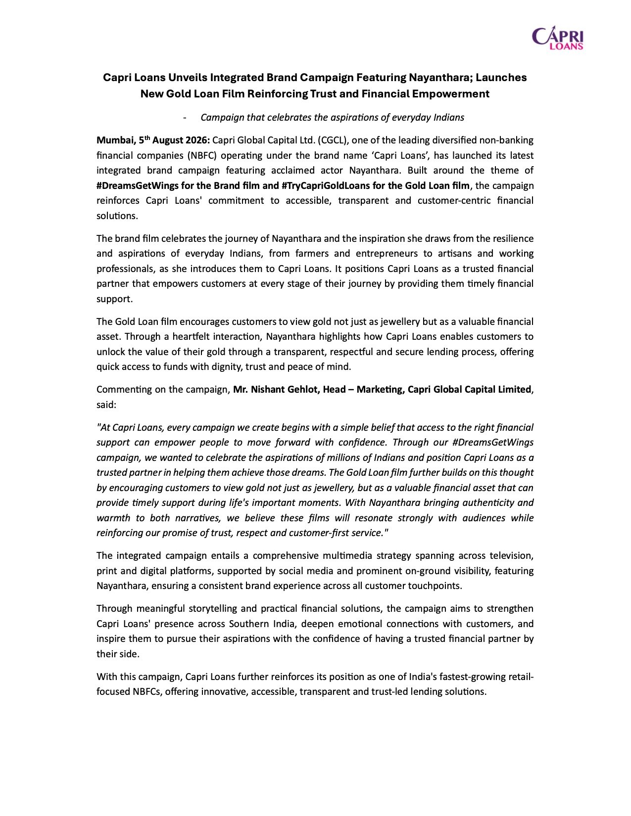 Capri Loans Nayanthara Brand Campaign: Launches Integrated Marketing Campaign to Strengthen Retail Lending Brand Capri Global Capital Limited