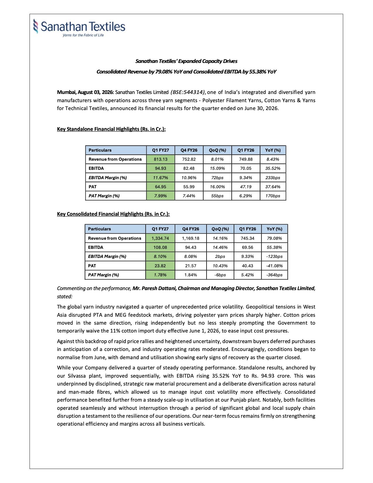 Sanathan Textiles Q1 FY27 Results: Consolidated Revenue Surges 79%, EBITDA Grows 55% Sanathan Textiles Q1 FY27 Results