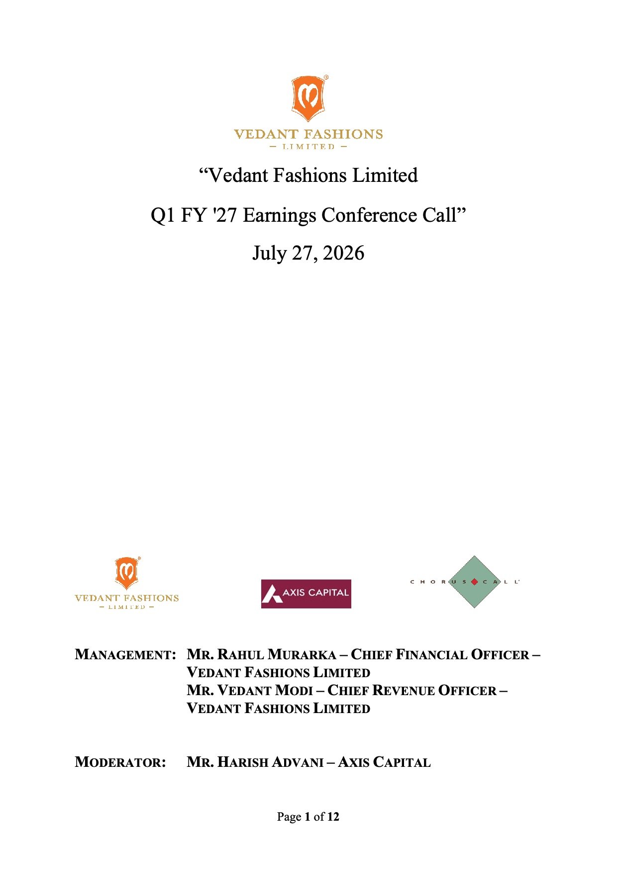 Vedant Fashions Q1 FY27 Earnings Call