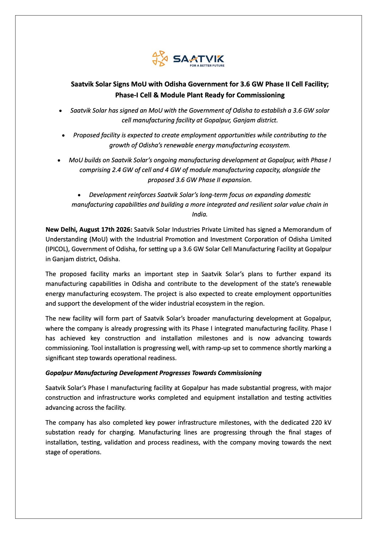 Saatvik Green Energy Signs MoU for 3.6 GW Odisha Solar Cell Facility Saatvik Green Energy Odisha 3.6 GW