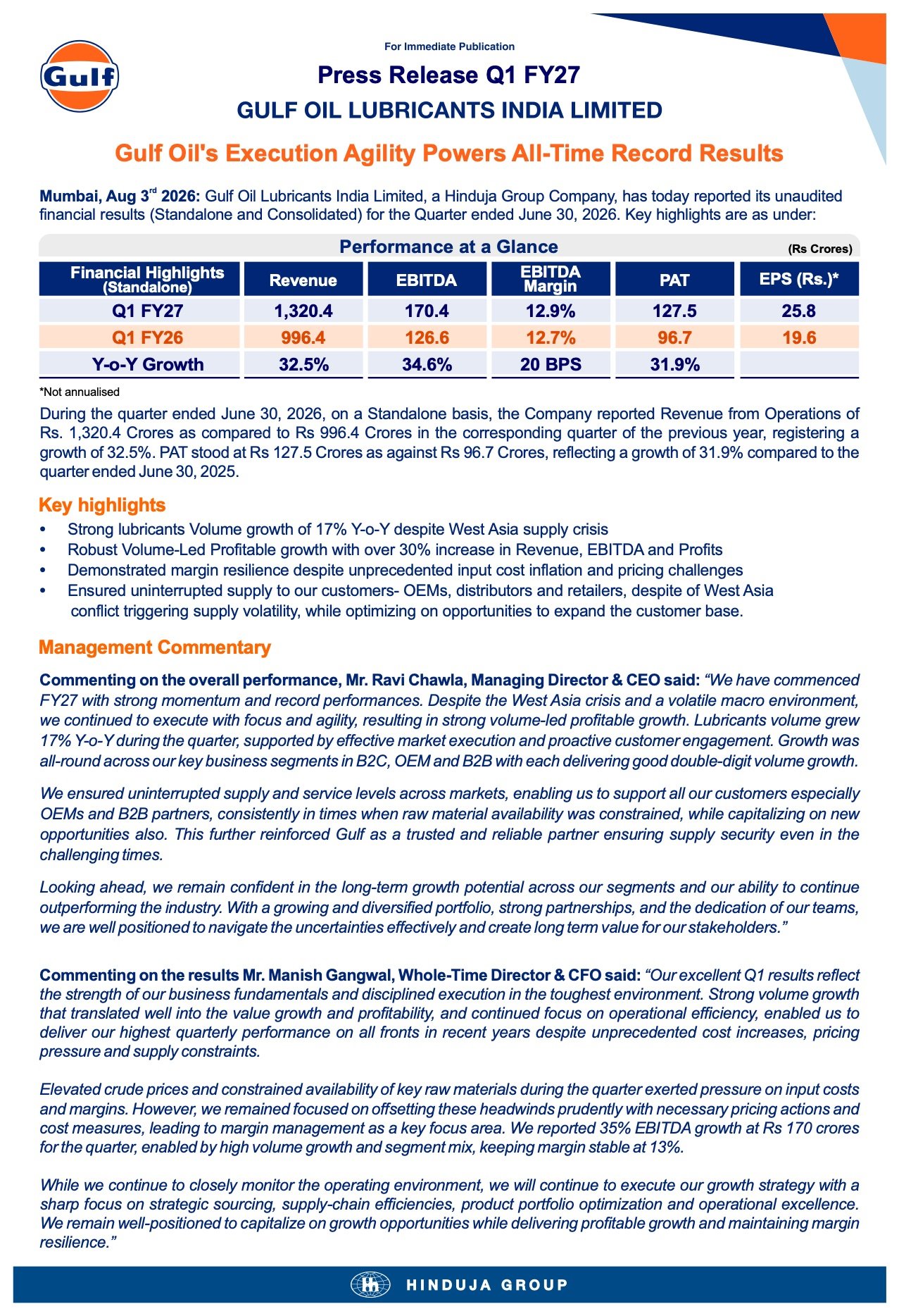 Gulf Oil Lubricants Q1 FY27 Results