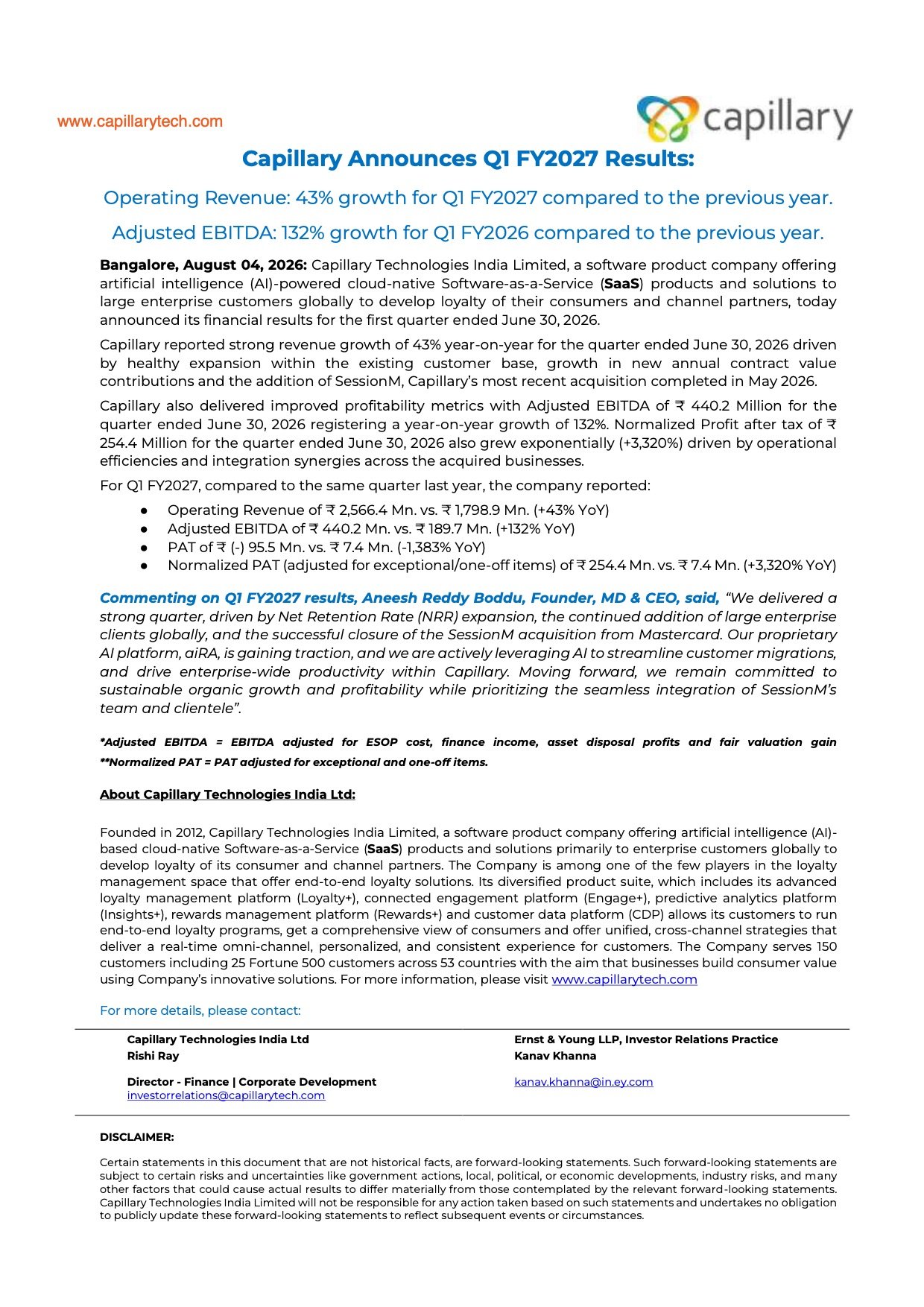 Capillary Technologies Q1 FY27 Results: Operating Revenue Jumps 43%, Adjusted EBITDA Surges 132% Capillary Technologies Q1 FY27 Results