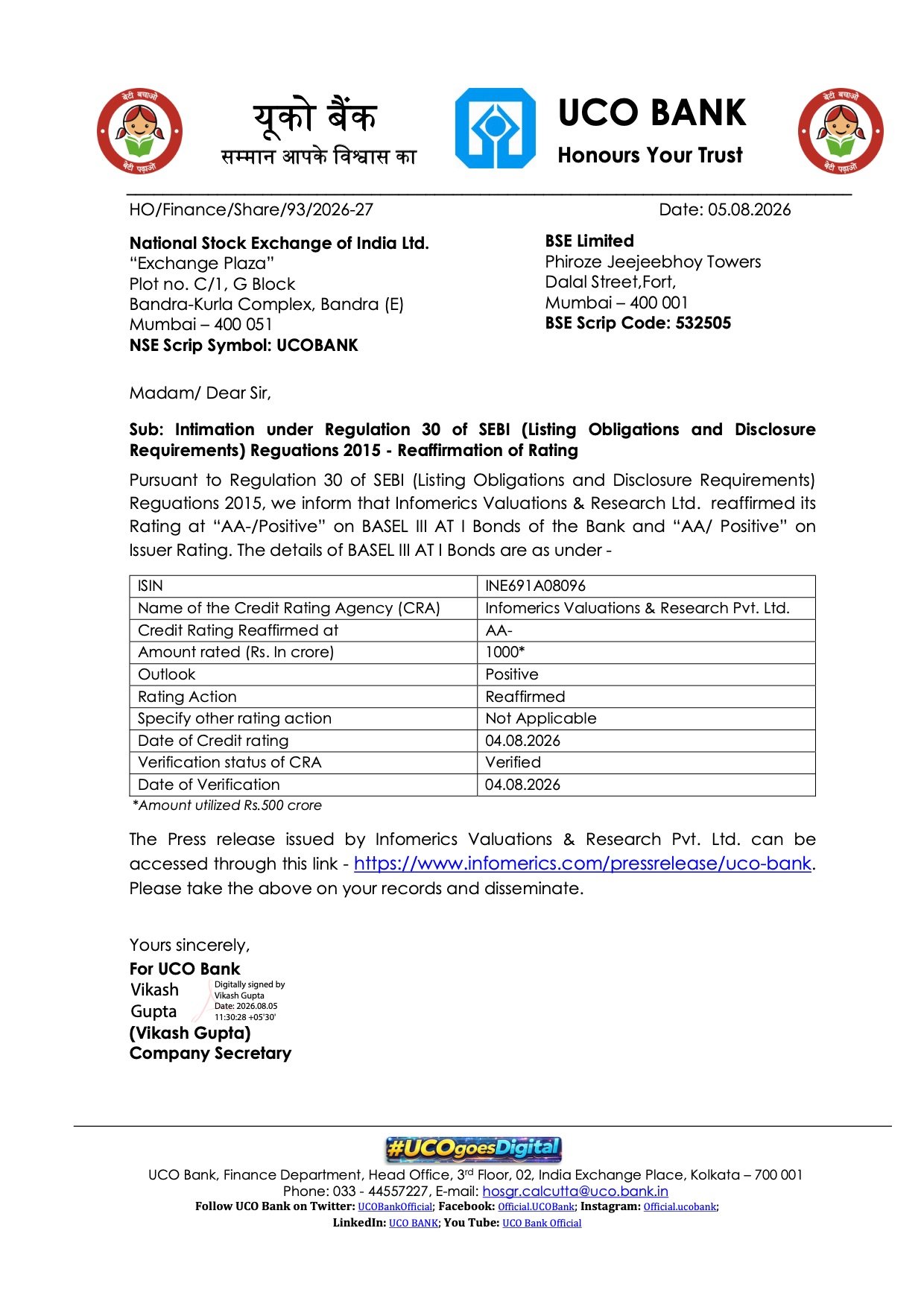 UCO Bank Infomerics Rating Reaffirmation: AA-/Positive Rating Maintained on Basel III AT1 Bonds UCO Bank Infomerics Rating Reaffirmation