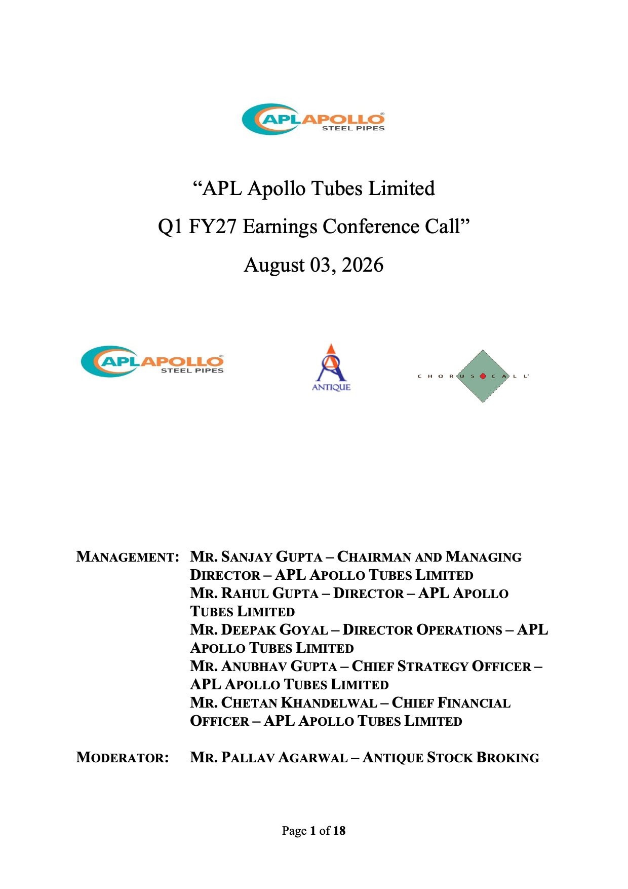 APL Apollo Tubes Q1 FY27 Earnings Call: EBITDA Outperforms Expectations Despite Volume Challenges APL Apollo Tubes Q1 FY27 Earnings Call