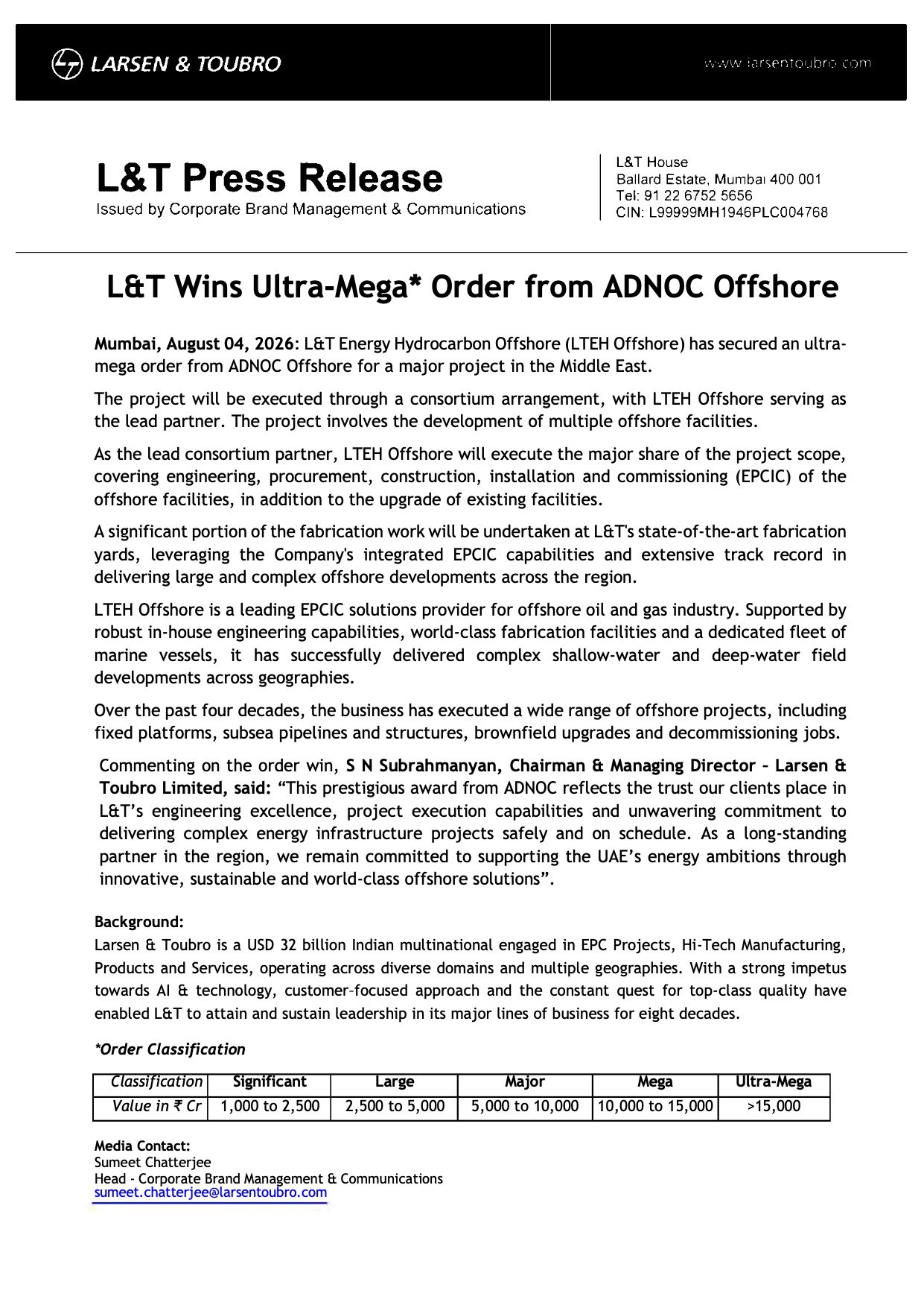 L&T ADNOC Offshore Order