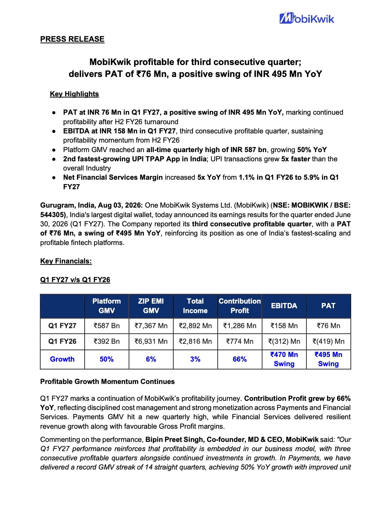 MobiKwik Q1 FY27 Results