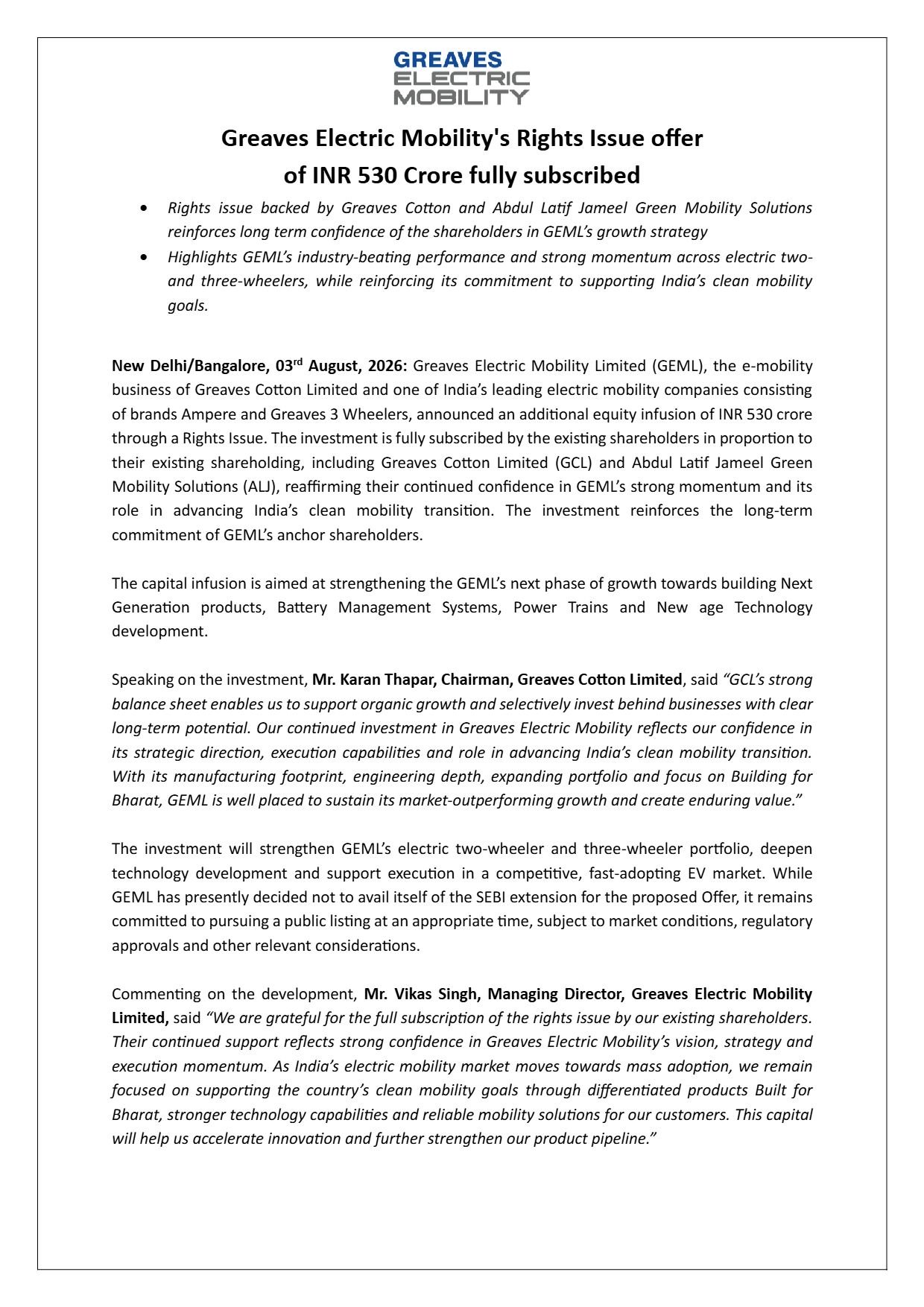 Greaves Electric Mobility's ₹530 Crore Rights Issue Fully Subscribed Greaves Electric Mobility